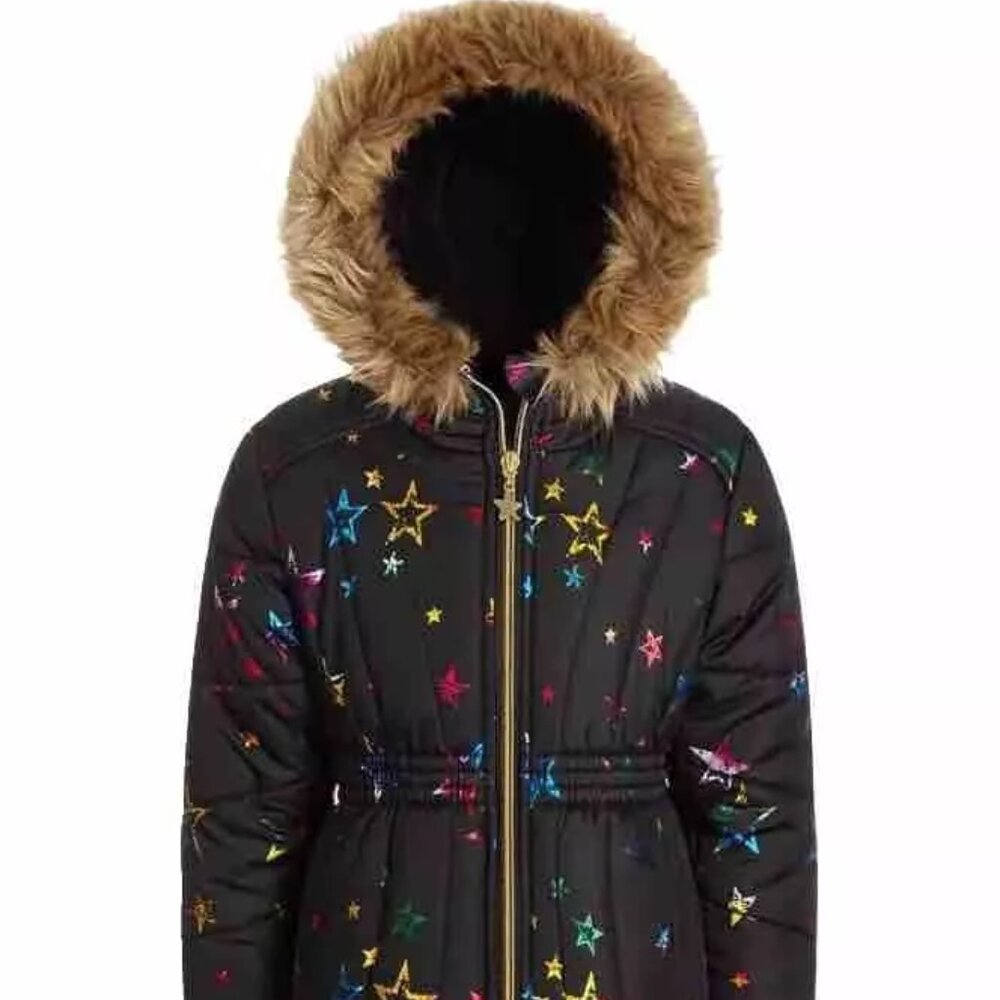 R1881 S. Rothschild Parka Puffer Jacket Hooded Fur Trim Foil Color Stars Navy 2T